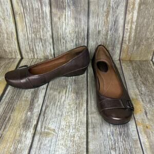 Clarks Concert Band Preppy Brown Metallic Leather Wedge Flat‎ Womens Sz 6.5M